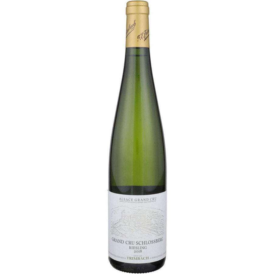 Trimbach Riesling Schlossberg Alsace Grand Cru 2018 wine bottle with golden cap and label.