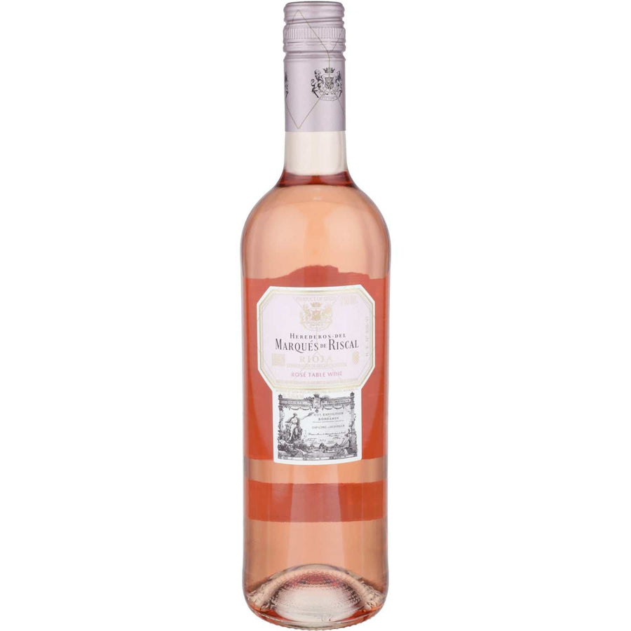 Bottle of Marques De Riscal Rioja Rosado 2021 750 ML with pink rosé wine