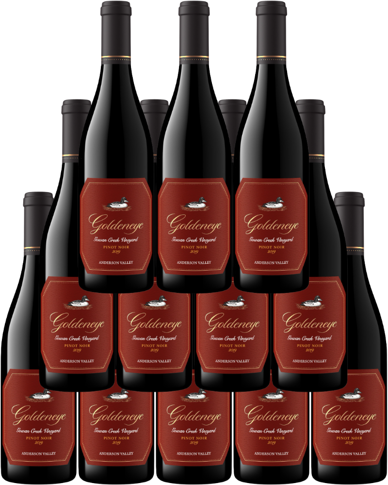 Goldeneye Pinot Noir Gowan Creek Vineyard Anderson Valley 2019 wine bottle with rich cherry and spice notes