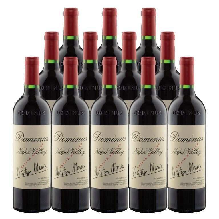 Twelve bottles of Dominus Red Napa Valley 2020 wine with red caps and beige labels