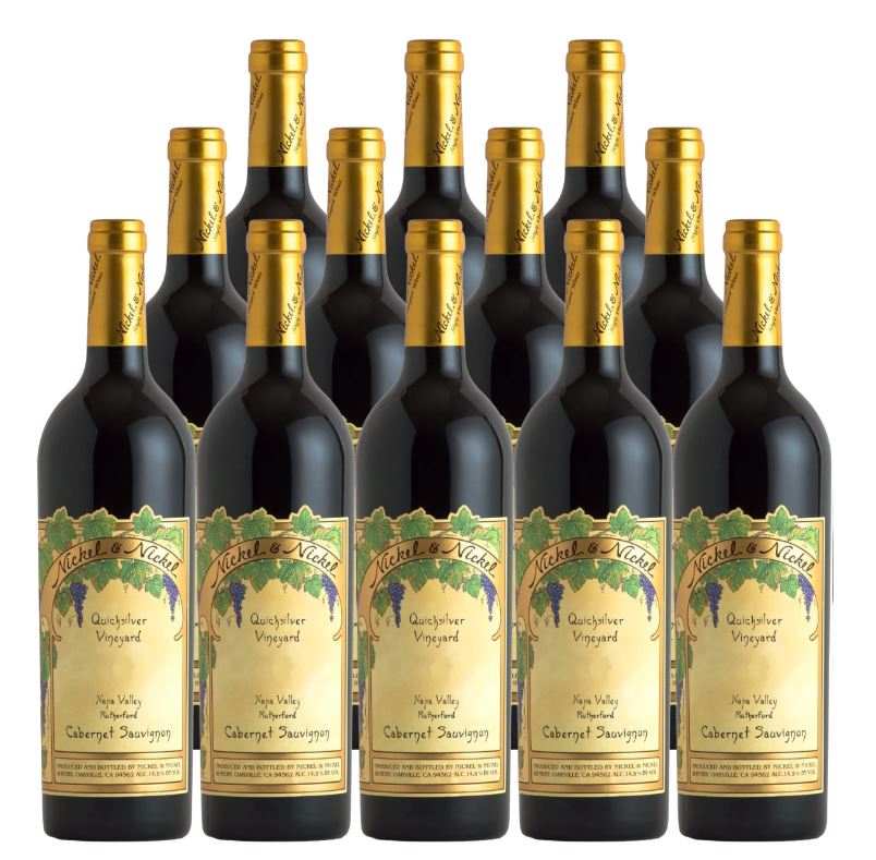 Twelve bottles of Nickel and Nickel Cabernet Sauvignon Quicksilver Vineyard Rutherford 2021 with gold foil necks and vintage vineyard labels