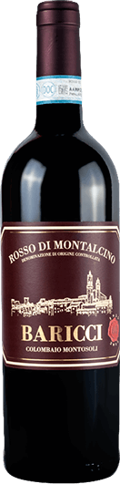 Baricci Rosso Di Montalcino 2022 red wine bottle from Tuscany with Sangiovese Grosso grapes