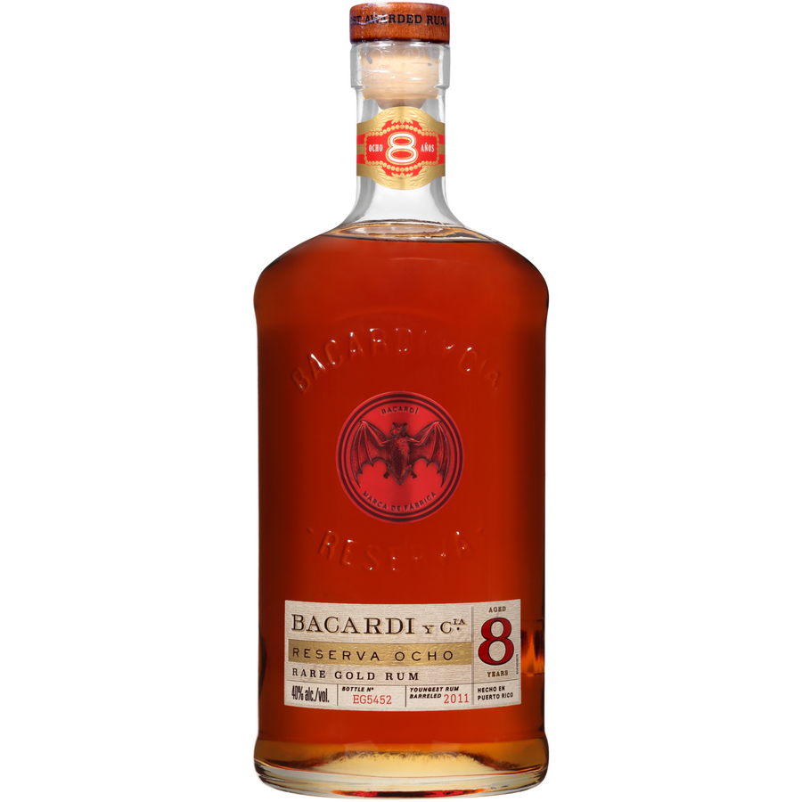 Bacardi Aged Rum Rare Gold Reserva Ocho 8 Year 1 L bottle with rich amber color.
