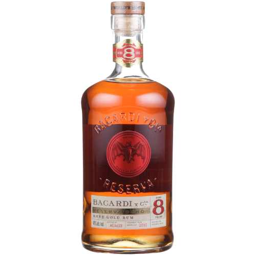 Bacardi Aged Rum Rare Gold Reserva Ocho 8 Yr bottle on a white background.