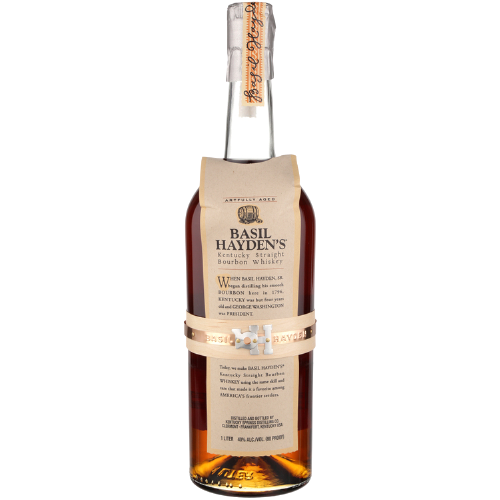 Basil Hayden’s Bourbon 1L bottle with iconic parchment label and elegant design.
