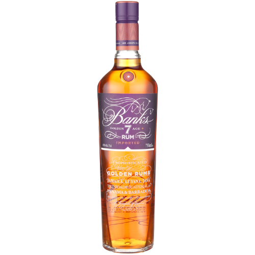 Banks Gold Rum Golden Age 7 86 750 ML bottle with rich amber hue, featuring label with intricate design.