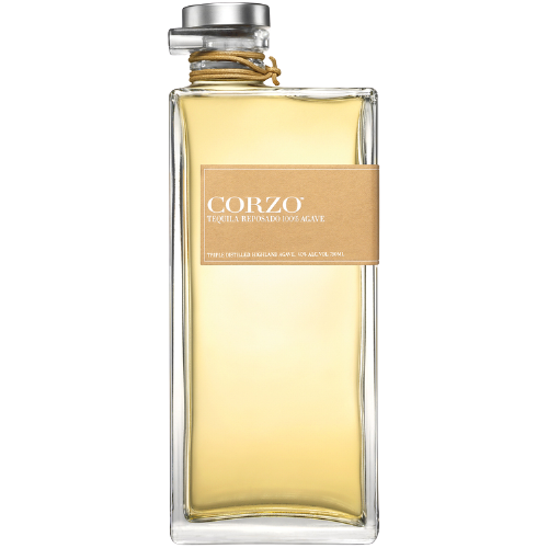 Corzo Tequila Reposado 750 ML bottle with golden hue, made from 100% blue agave, Jalisco, Mexico.