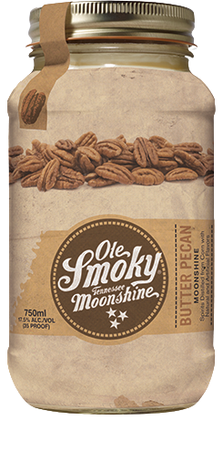 Ole Smoky Butter Pecan Moonshine 750ml in a Mason jar with pecan and caramel flavors.