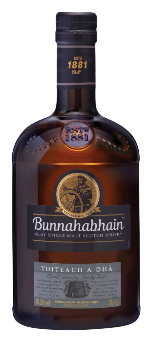 Bunnahabhain Single Malt Scotch Toiteach A Dha 750ml bottle with bold and smoky Islay whisky.