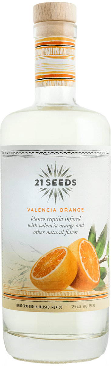 21 Seeds Valencia Orange Infused Blanco Tequila 750ml bottle with orange slice illustration.