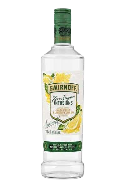Smirnoff Lemon & Elderflower Zero Sugar vodka bottle with lemon and elderflower graphics.
