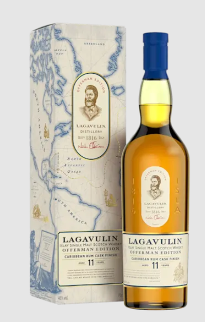 Lagavulin Single Malt Scotch Offerman Edition Caribbean Rum 11 Yr 750ml bottle with box featuring map design and blue cap