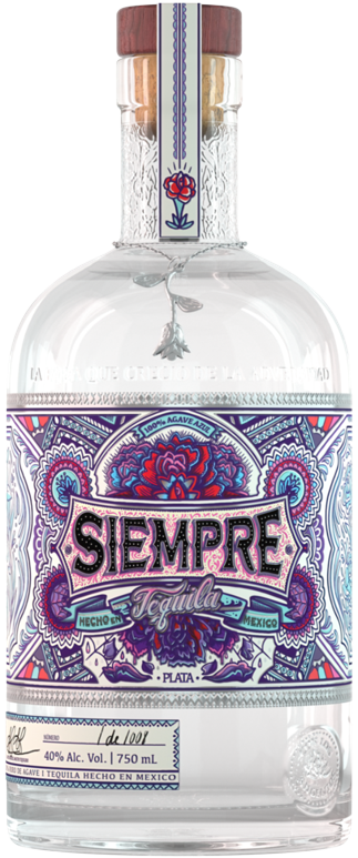 Siempre Plata Blanco Tequila 750ml bottle with colorful ornate label and wooden cap
