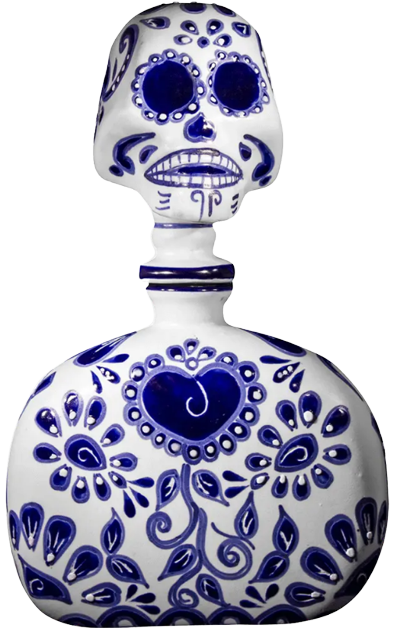 Skelly Talavera Head Anejo tequila in hand-painted blue and white ceramic skull bottle 750ml