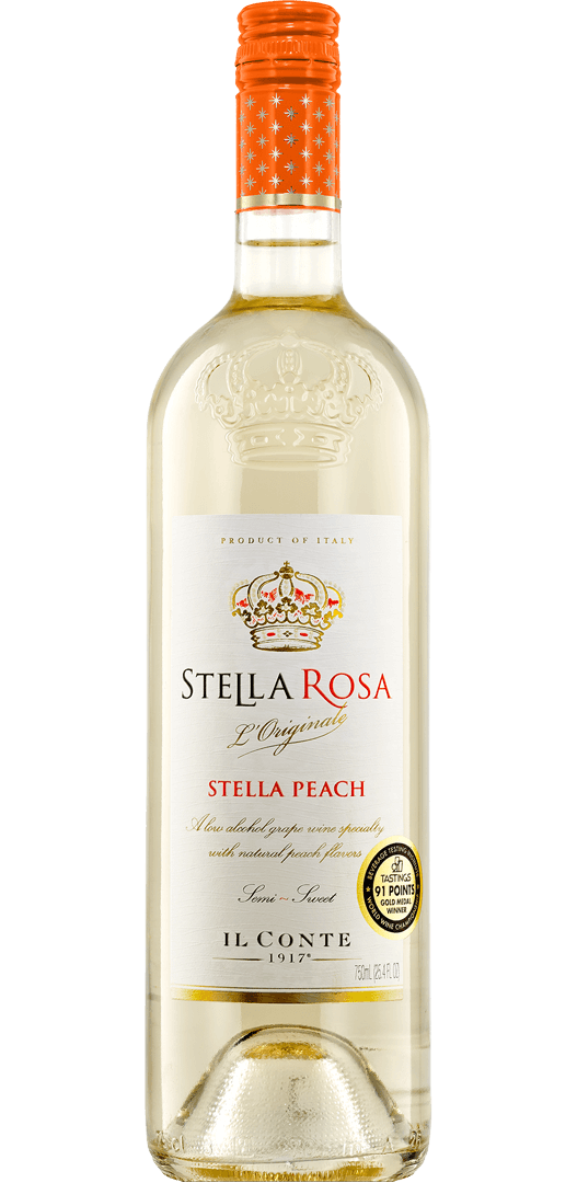 Stella Rosa Peach Fruit Wine 750 ML bottle with vibrant label featuring Italian emblem.