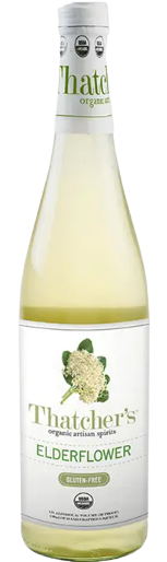 Thatchers Organic Artisan Spirits Elderflower Liqueur 750 ML bottle with floral label design.