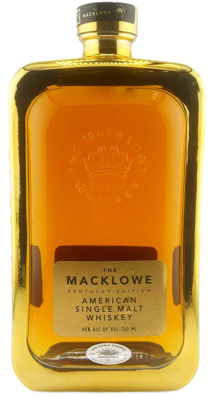The Macklowe American Single Malt Whiskey Kentucky Gold Edition bottle with whiskey glass on wooden table