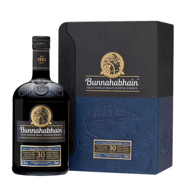Bunnahabhain Single Malt Scotch 30 Year aged whisky bottle on Islay coast