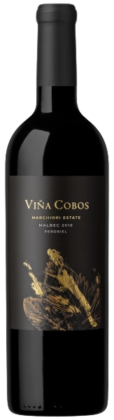 Vina Cobos Marchiori Estate Malbec 2018 bottle with black label and gold accents.