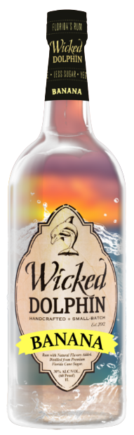 Wicked Dolphin Small Batch Banana Flavored Rum bottle, handcrafted in Florida.