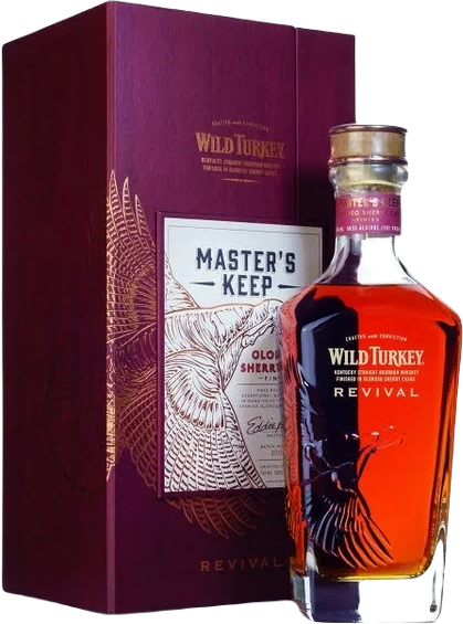 Wild Turkey Masters Keep Revival bourbon bottle and box with rich amber whiskey and detailed label design