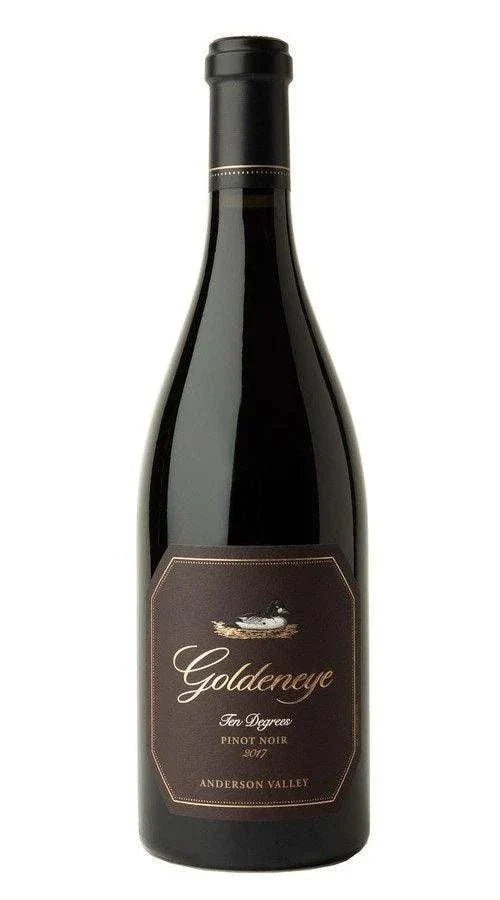 Goldeneye Pinot Noir Ten Degrees Anderson Valley 2018 wine bottles display with elegant label