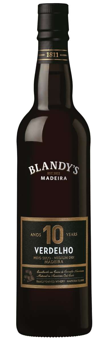 Bottle of Blandy's Verdelho 10 Year Old Madeira wine showcasing rich amber color and elegant label design