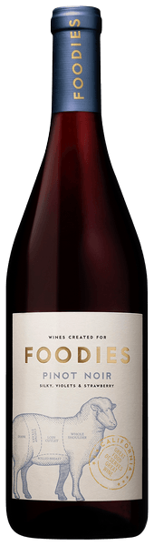 Bottle of Foodies Pinot Noir wine with a white label on a plain background