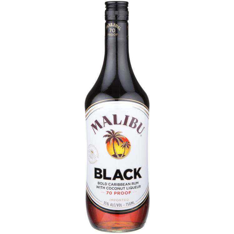 Malibu Coconut Flavored Rum Black 1L bottle, Caribbean origin.