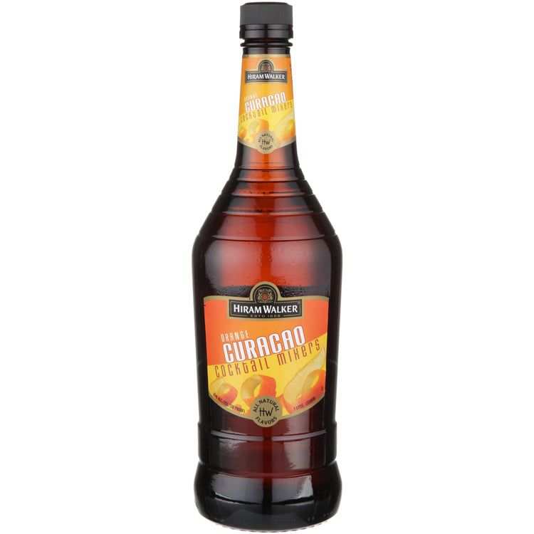 Hiram Walker Curacao Orange 30 liqueur bottle with amber color and citrus notes.
