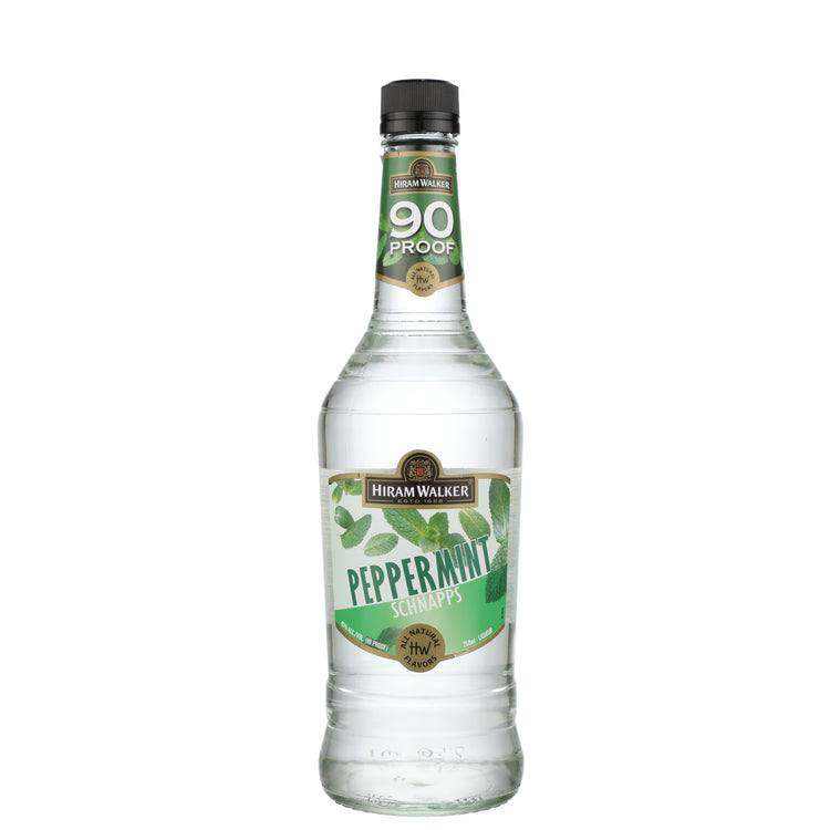 Hiram Walker Peppermint Schnapps 90 Proof 750 ML bottle with mint flavor.