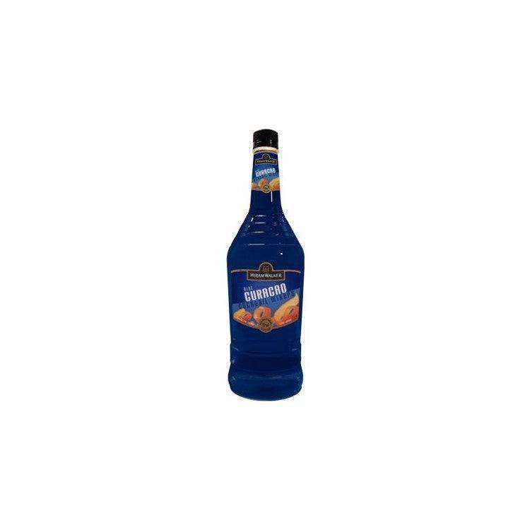 Hiram Walker Curacao Blue liqueur bottle, vibrant blue, 750 ML.