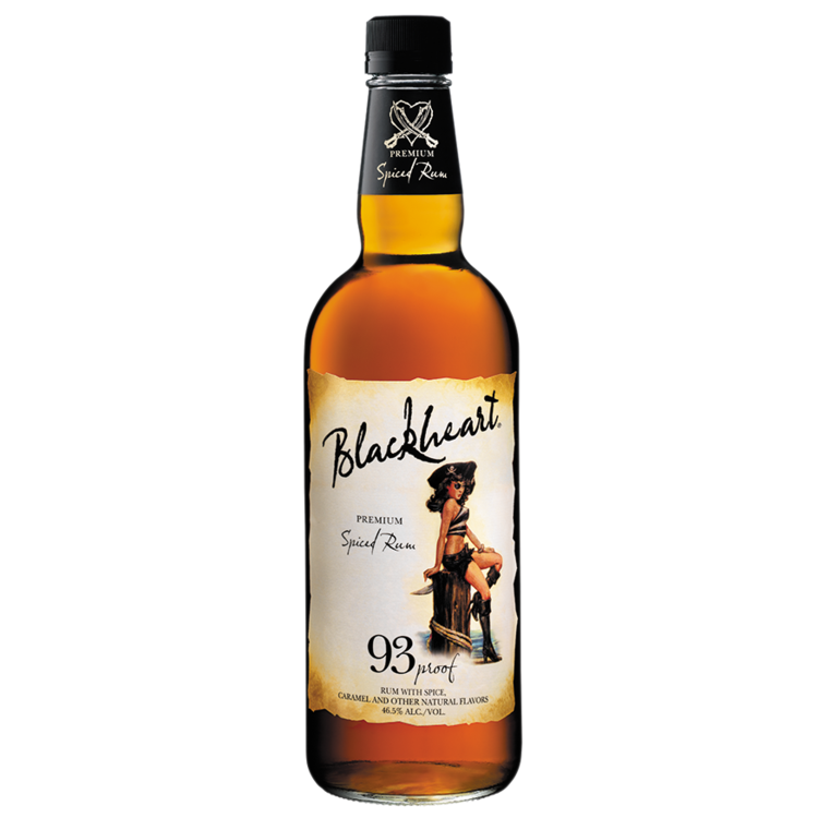 Blackheart Spiced Rum 93 1L bottle with label featuring bold design.
