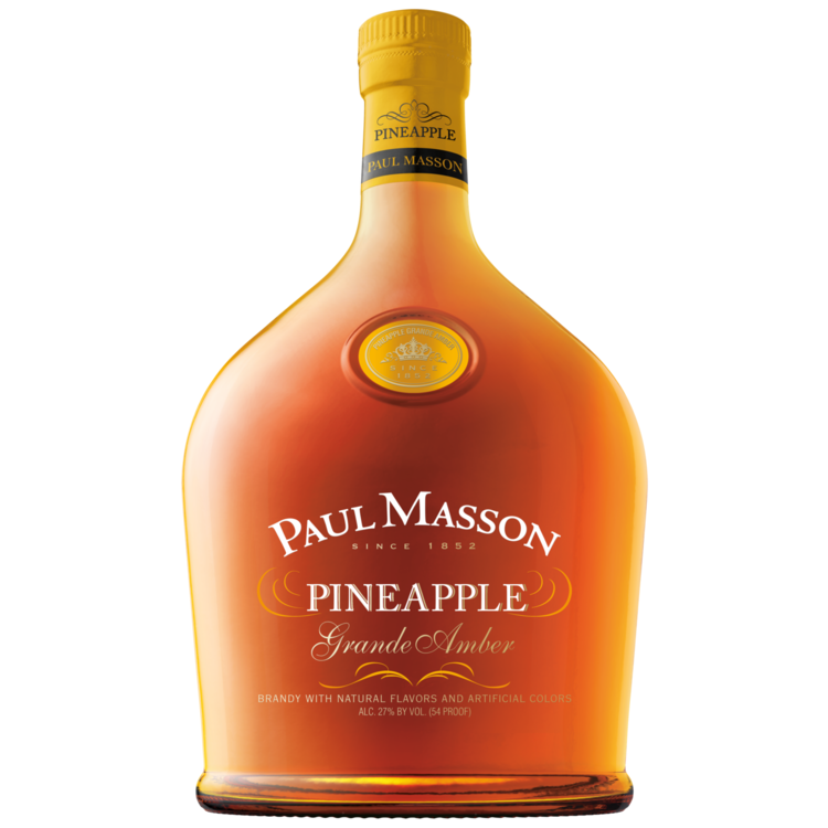 Paul Masson Pineapple Flavored Brandy Grande Amber bottle with tropical design.