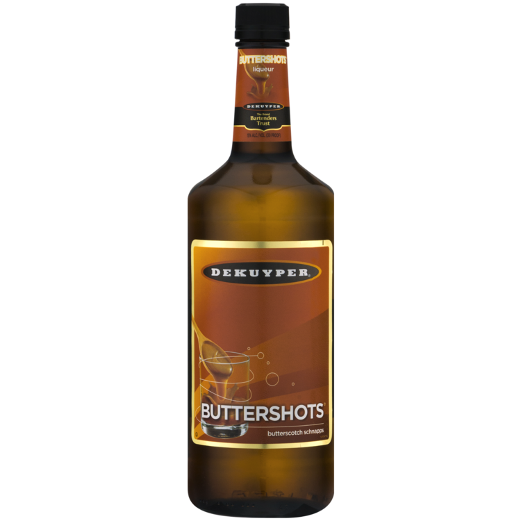 Dekuyper Butterscotch Schnapps Buttershots 1L bottle with rich, buttery flavor.