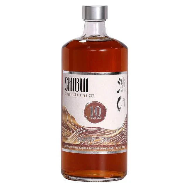 Bottle of Shibui Virgin White Oak 10 Year Whisky 750 ML showcasing Japanese craftsmanship and a golden hue