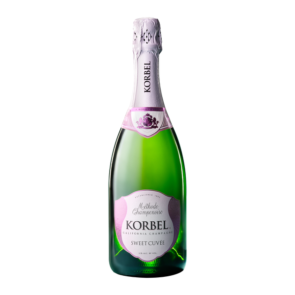 Korbel Cellars Sweet Cuvee California Champagne 750 ML bottle with sparkling wine and fruit notes