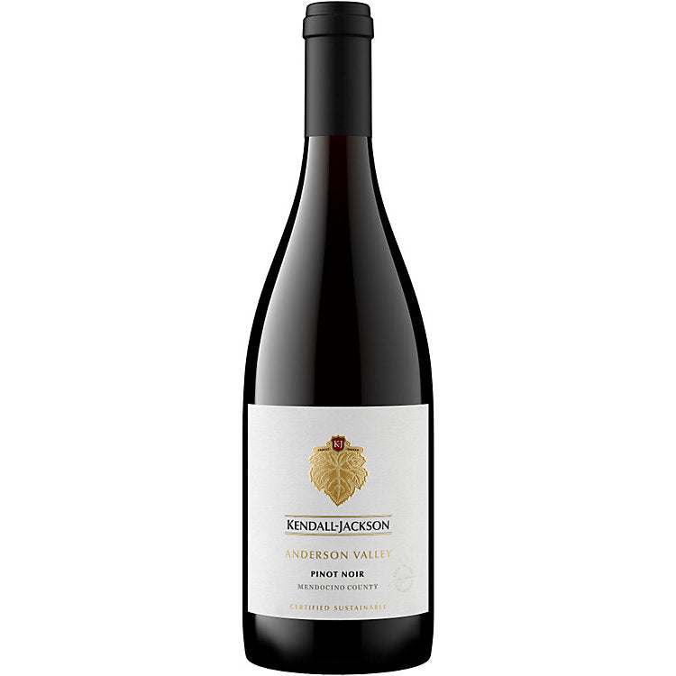 Bottle of Kendall Jackson Pinot Noir Anderson Valley 2023 750 ML with elegant red wine and vineyard background