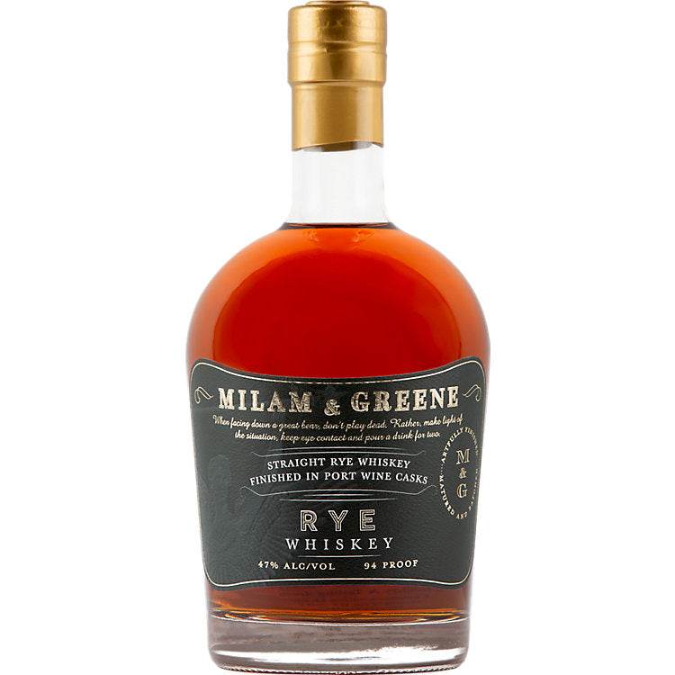 Milam & Greene Straight Rye Whiskey 94 proof 750ml bottle with rich spice and caramel notes