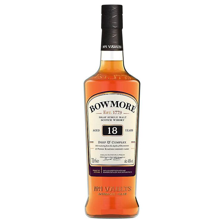 Bowmore Single Malt Scotch 18 Year old bottle showcasing premium Islay whisky with rich smoky and honeyed flavors
