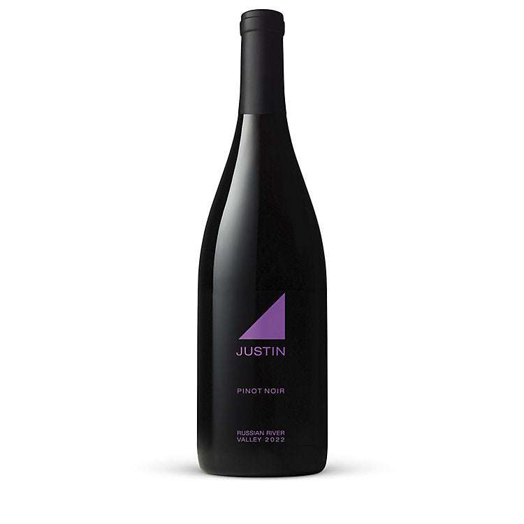 Bottle of Justin Pinot Noir Russian River Valley 2022 wine with elegant red fruit and spice notes