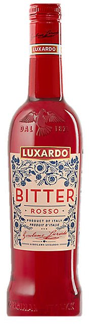 Red bottle of Luxardo Bitter Rosso on a white background