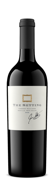 The Setting Cabernet Sauvignon Oakville Napa Valley 2021 wine bottle with label and glass of red wine