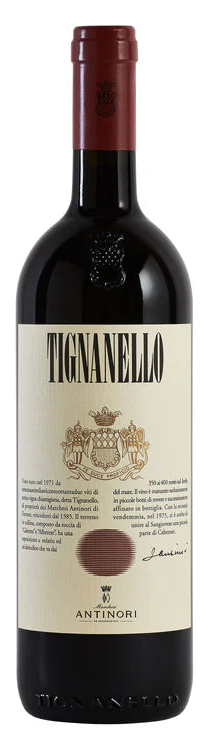 Red wine bottle with Tignanello label on a white background