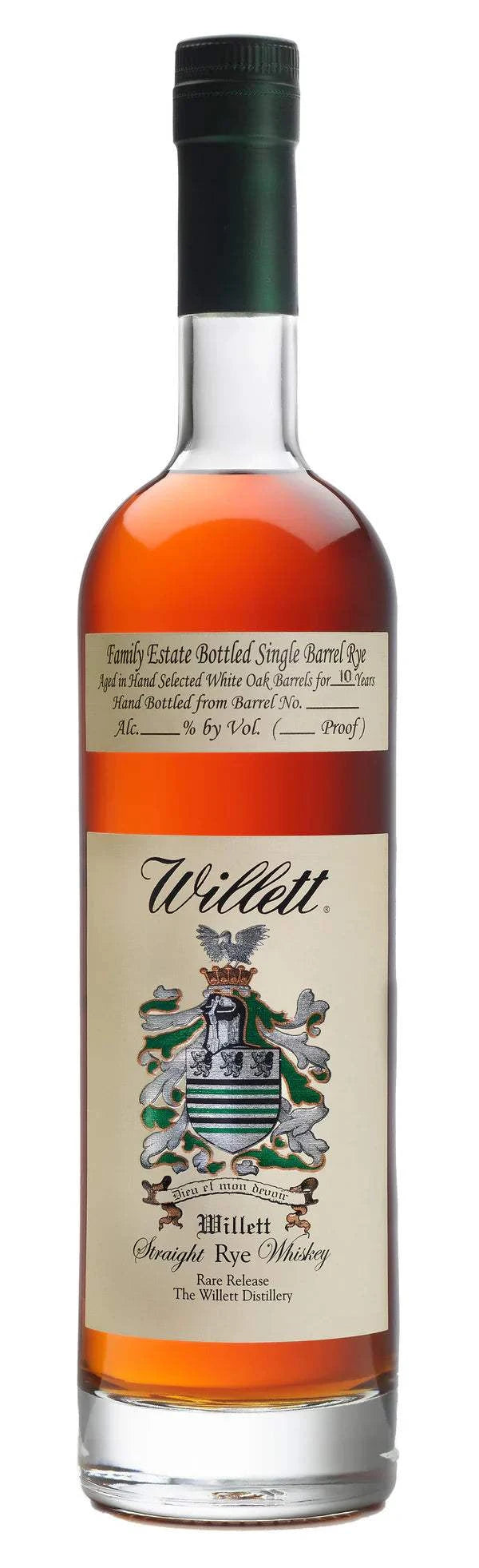 Willett Whiskey Rye Single Barrel Family Estate Kentucky 12yr bottle with amber whiskey and elegant label