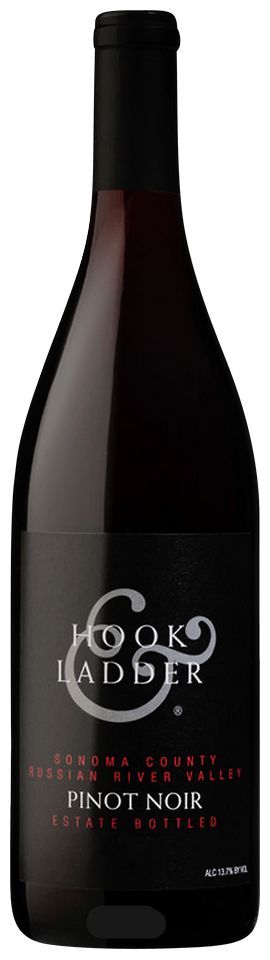 Bottle of Hook & Ladder Pinot Noir wine on a black background