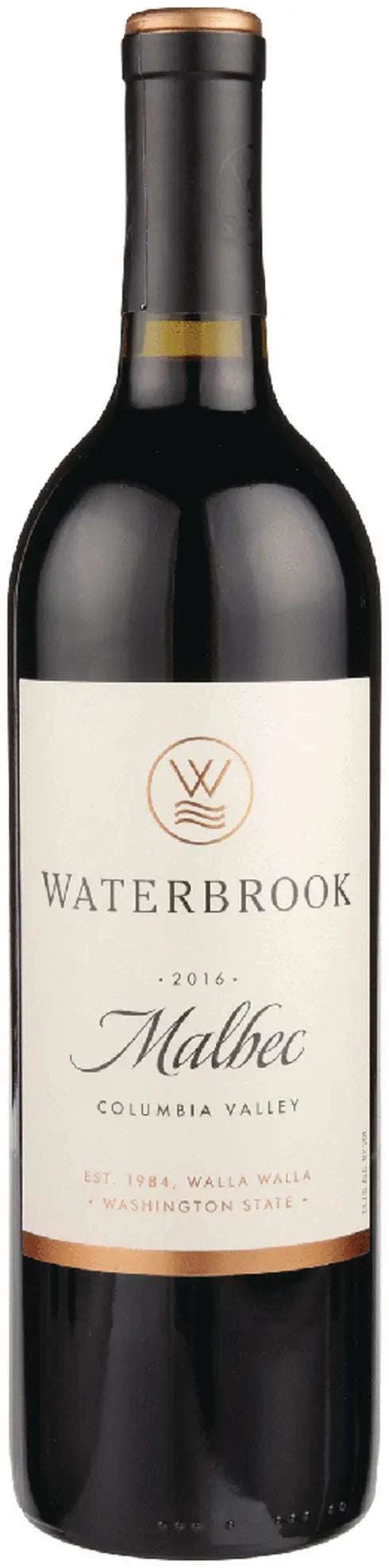Waterbrook Malbec 750ml bottle with rich red wine from Washington vineyards, featuring bold blackberry, plum, cherry, cocoa, and spice flavors.