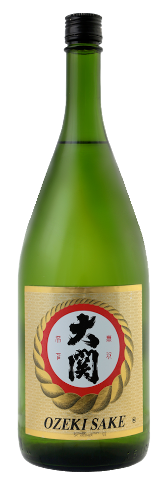 Ozeki Sake 1.5 L green bottle with Japanese label showcasing traditional Japanese sake.