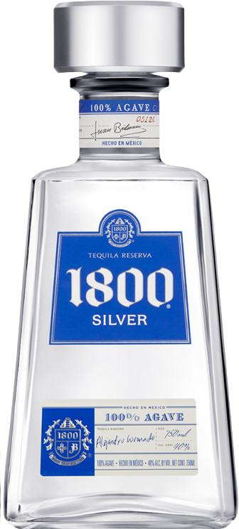 1800 Silver Tequila 100% Agave 1L bottle with blue label.