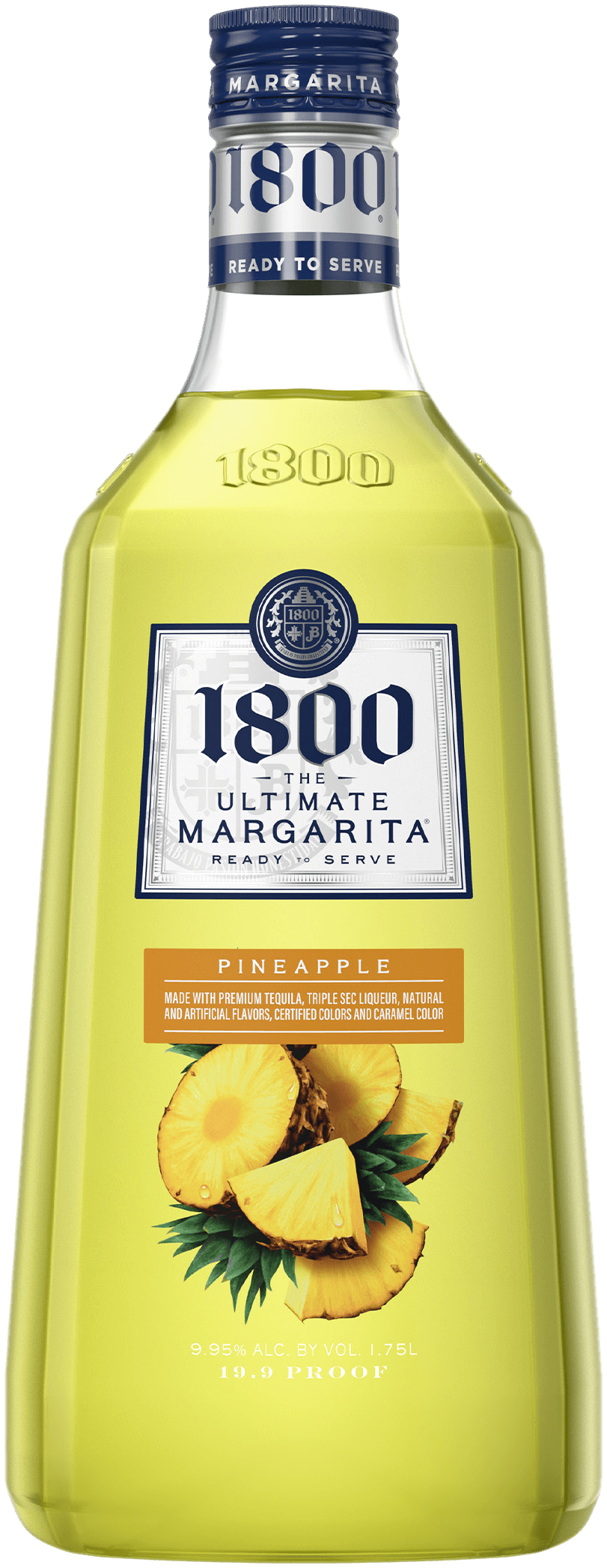 1800 Tequila Ultimate Pineapple Margarita 1.75 L bottle with lime and pineapple flavors.